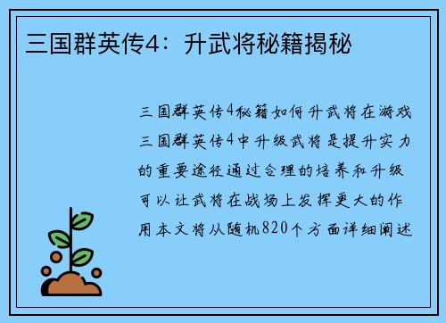 三国群英传4：升武将秘籍揭秘